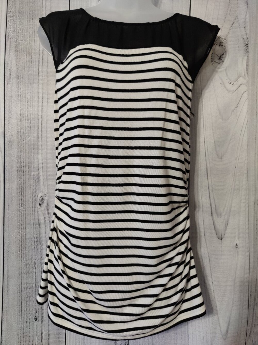White House Black Market Black & White Striped Top with Sheer Mesh Yoke